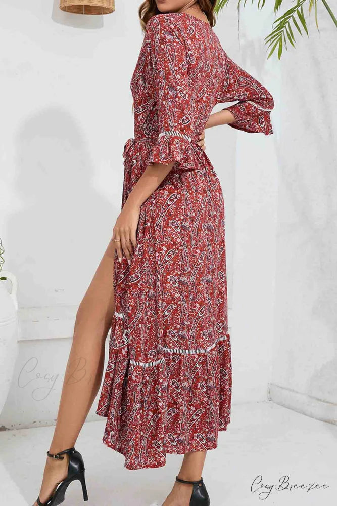 Floral V Neck Midi Dress with Slit