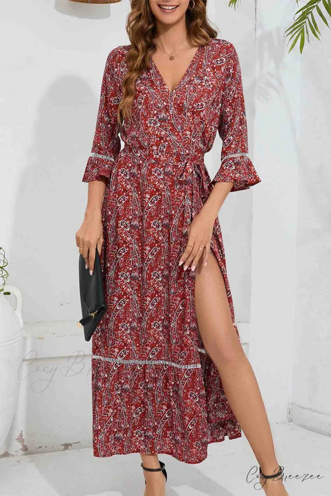 Floral V Neck Midi Dress with Slit Red / L