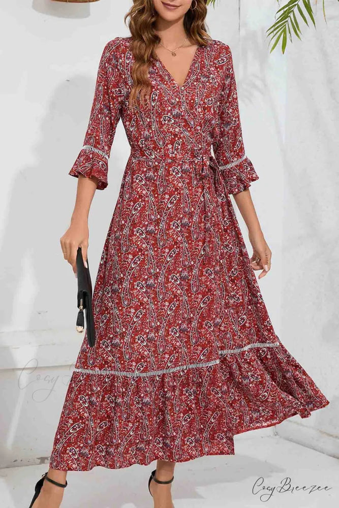 Floral V Neck Midi Dress with Slit Red / XL