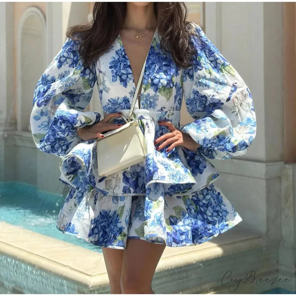 Floral V-Neck Ruffle Mini Dress Blue / S floraldress-250126