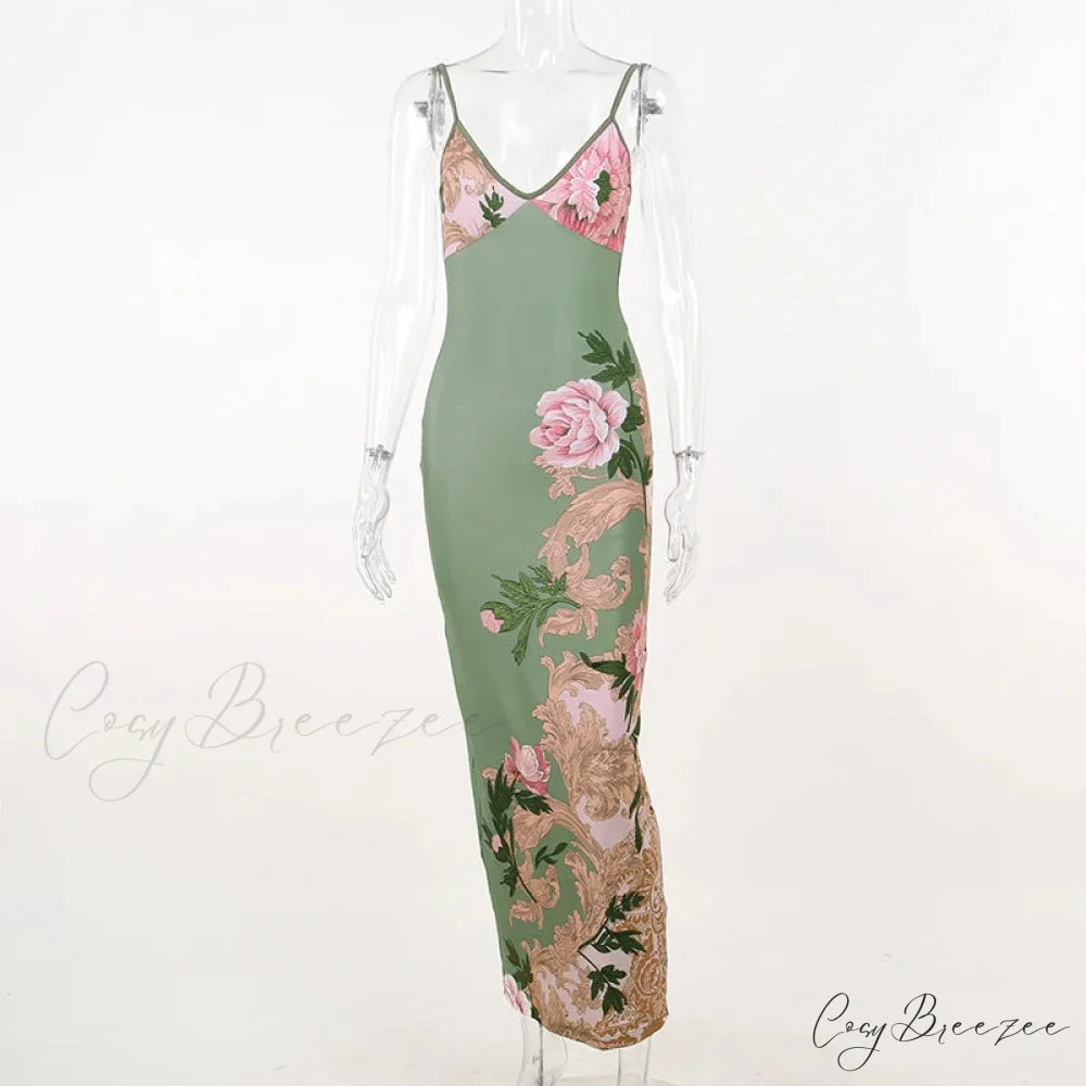 Floral V-neck Slim-fit Maxi Dress Green / XS floraldress-250126