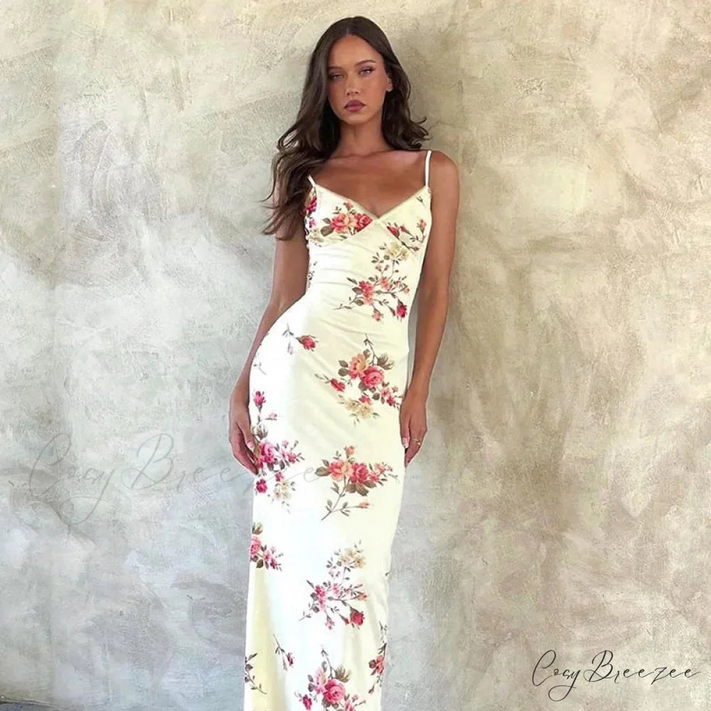 Floral V-neck Slim-fit Maxi Dress Pink / XS floraldress-250126