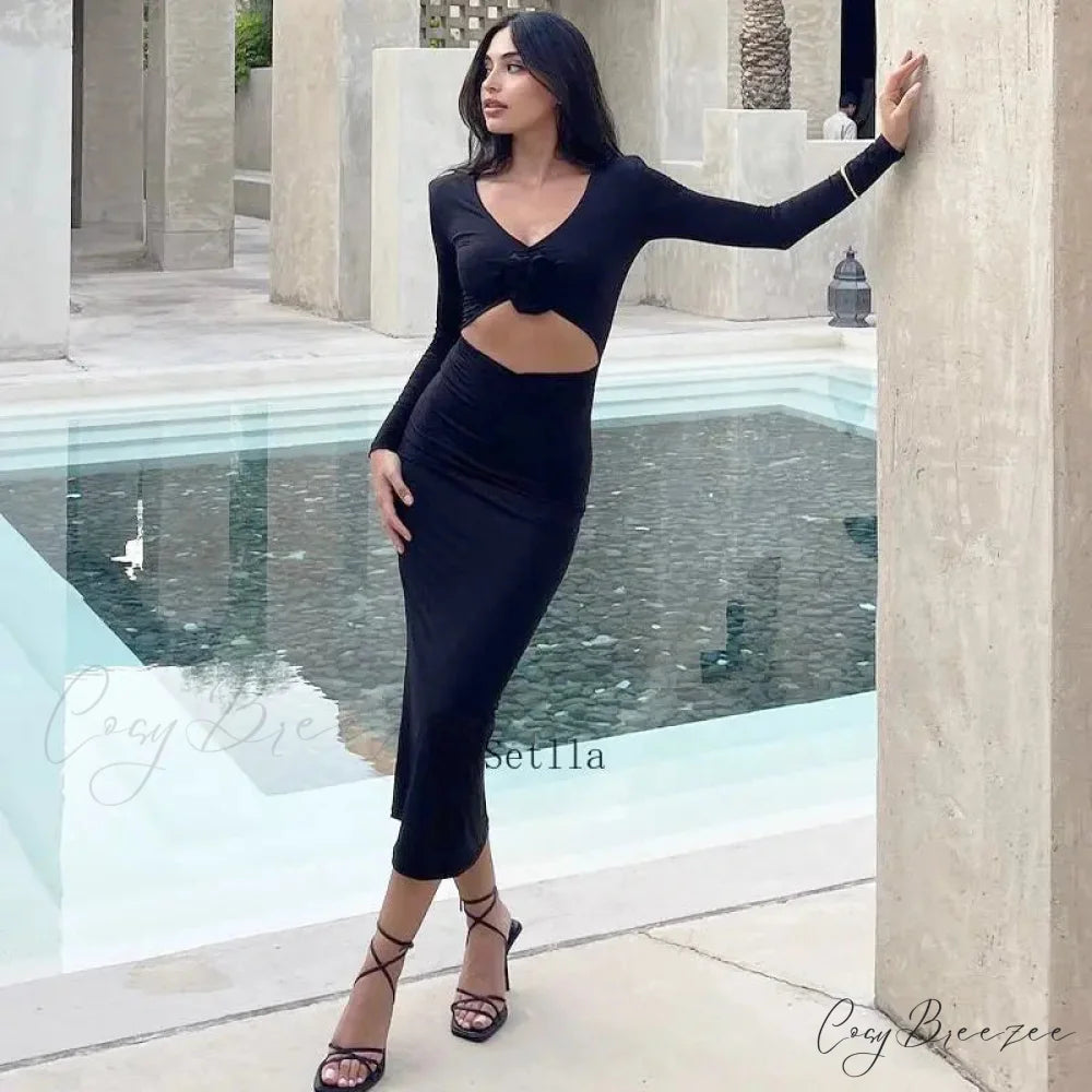 Florale Cut Out Long for Women Long Sleeve Sexy Sexy Midi Dress