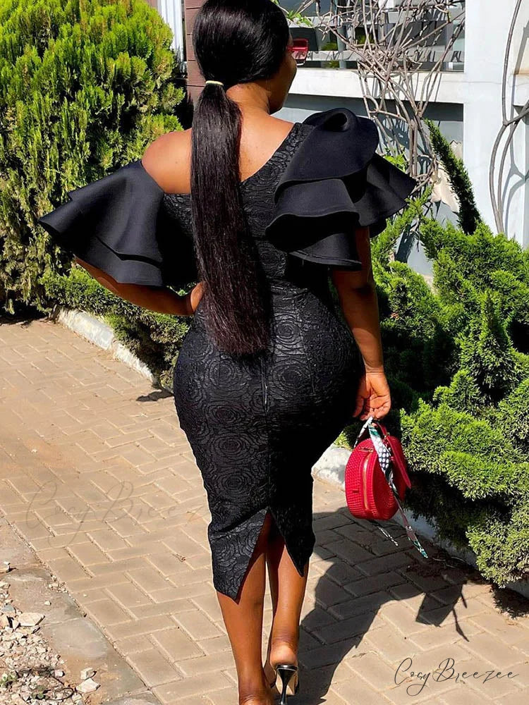 Flounce Fold Oblique Trendy Collar Pencil Dress
