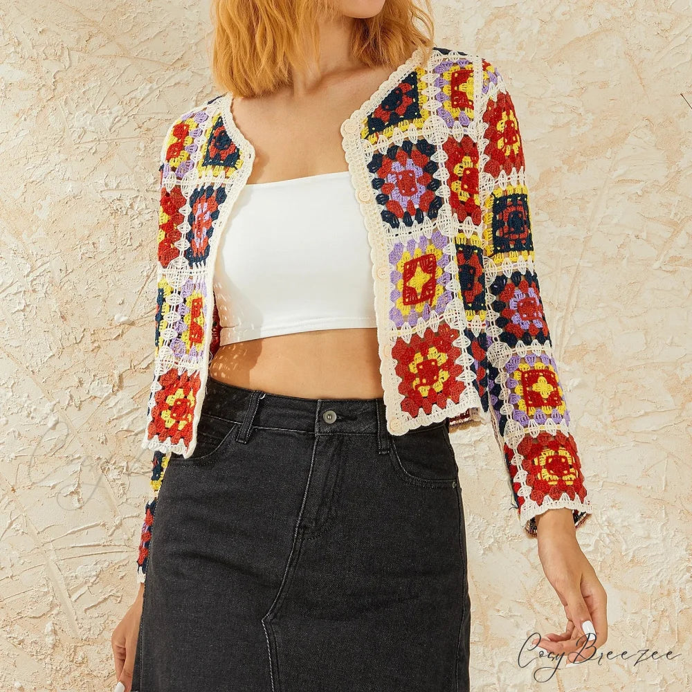 Flower Button-Down Bohemian Long Sleeve Knit Cardigan Watermelon red / One Size cardiagn-250126