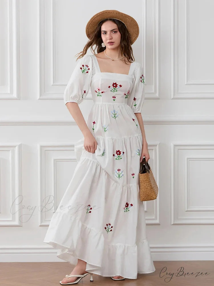 Flower Embroidery Flowy Ruched A-Line Dress floraldress-250126