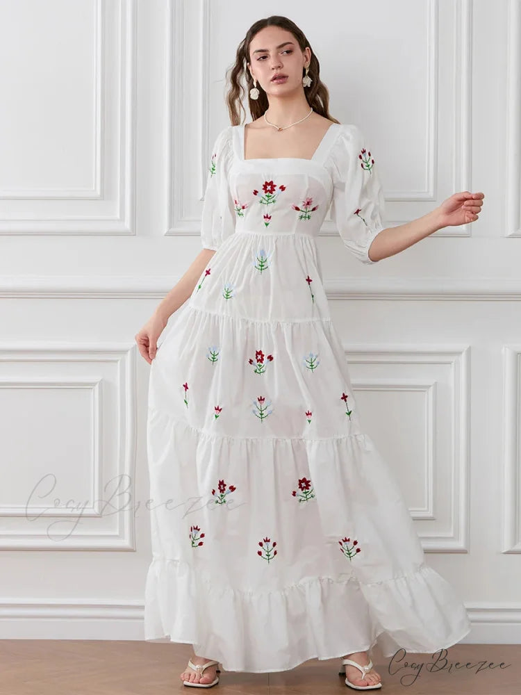 Flower Embroidery Flowy Ruched A-Line Dress floraldress-250126