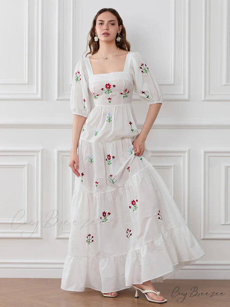 Flower Embroidery Flowy Ruched A-Line Dress floraldress-250126