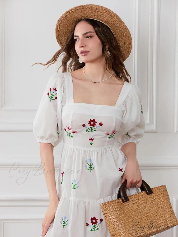 Flower Embroidery Flowy Ruched A-Line Dress floraldress-250126