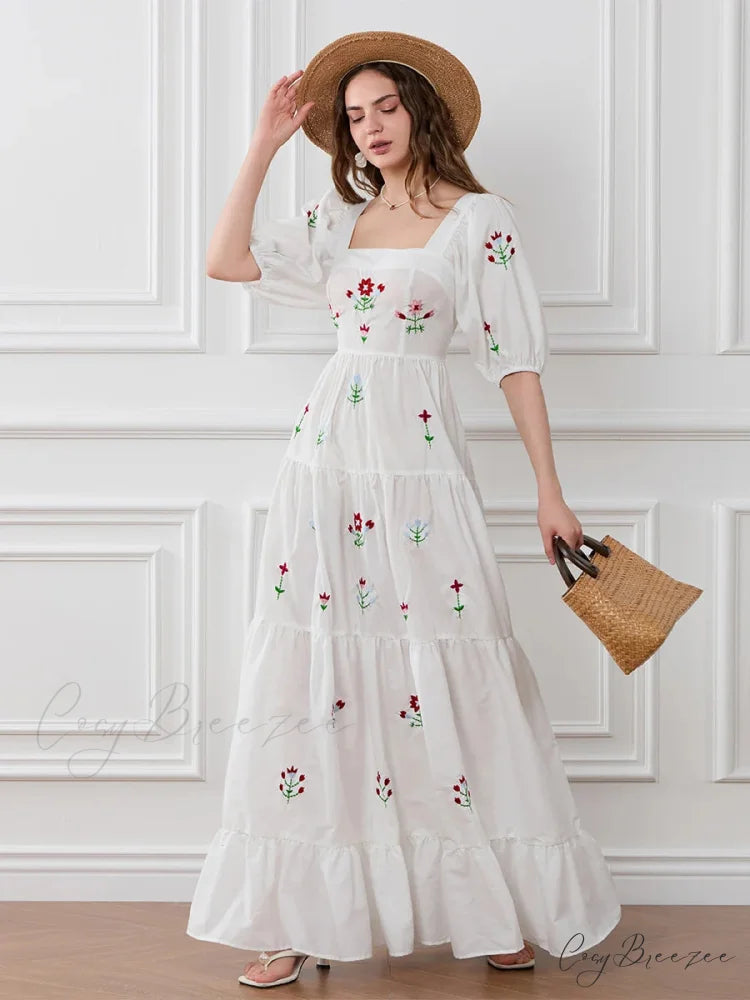 Flower Embroidery Flowy Ruched A-Line Dress WHITE / S floraldress-250126