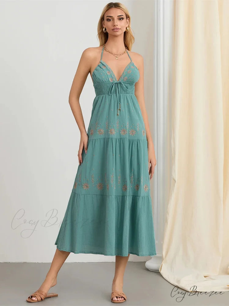 Flower Embroidery Tie-Up Halter Boho Backless A-Line Beach Dress GREEN / S floraldress-250126
