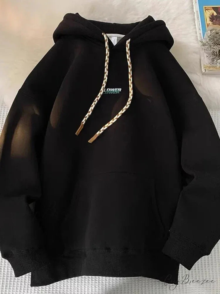 Flower Letter Print Y2K Fleece Hoodie Black / M(40-45KG) hoodies-241228