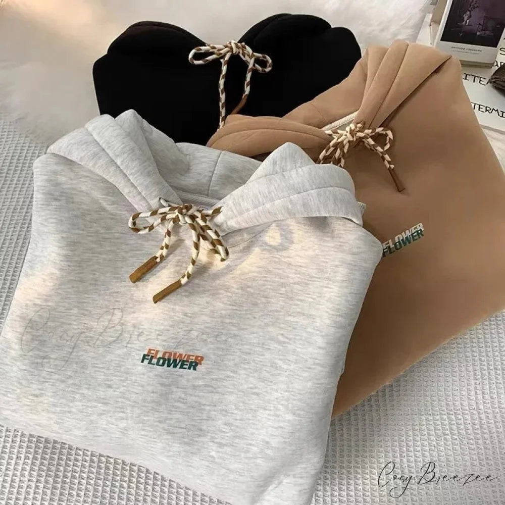 Flower Letter Print Y2K Fleece Hoodie hoodies-241228