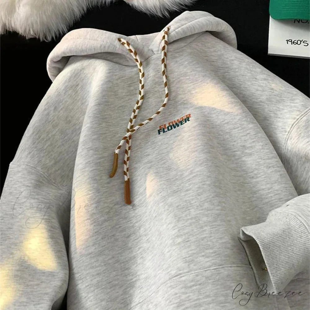 Flower Letter Print Y2K Fleece Hoodie hoodies-241228