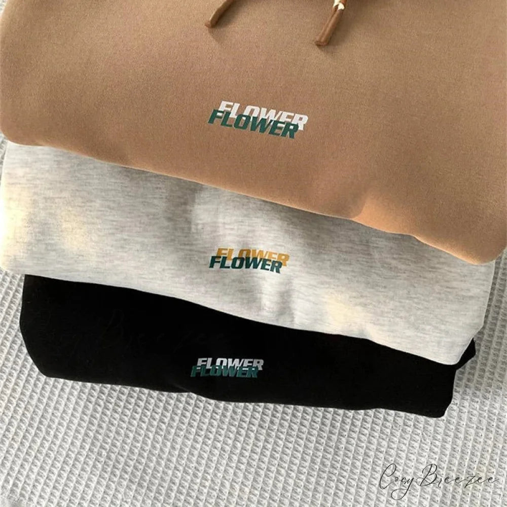 Flower Letter Print Y2K Fleece Hoodie hoodies-241228