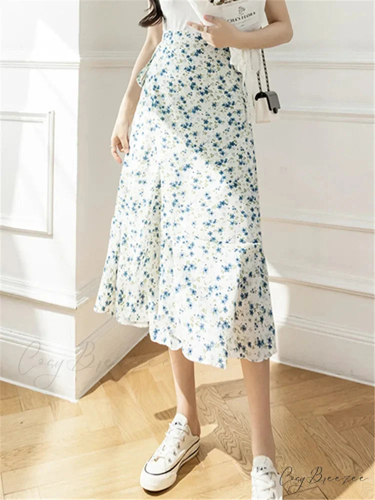 Flower Print A-Line Bohemia Retro Skirt Summer Spring Begonia Blue / One Size skirt-250126