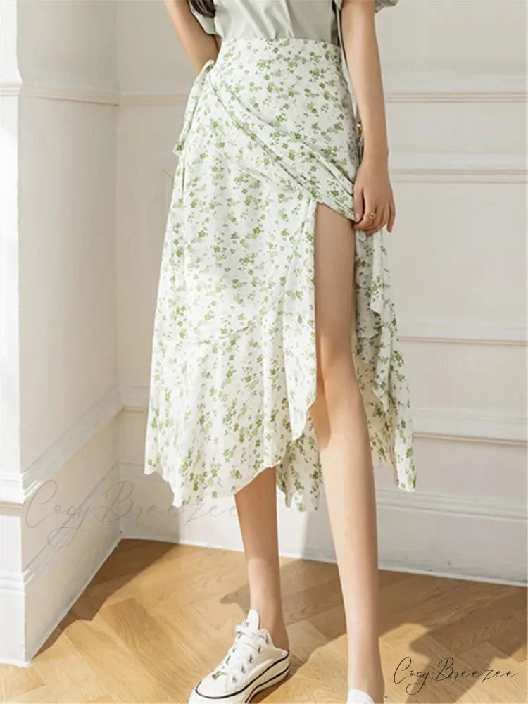 Flower Print A-Line Bohemia Retro Skirt Summer Spring Begonia Green / One Size skirt-250126