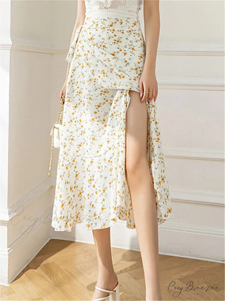 Flower Print A-Line Bohemia Retro Skirt Summer Spring Begonia Orange / One Size skirt-250126
