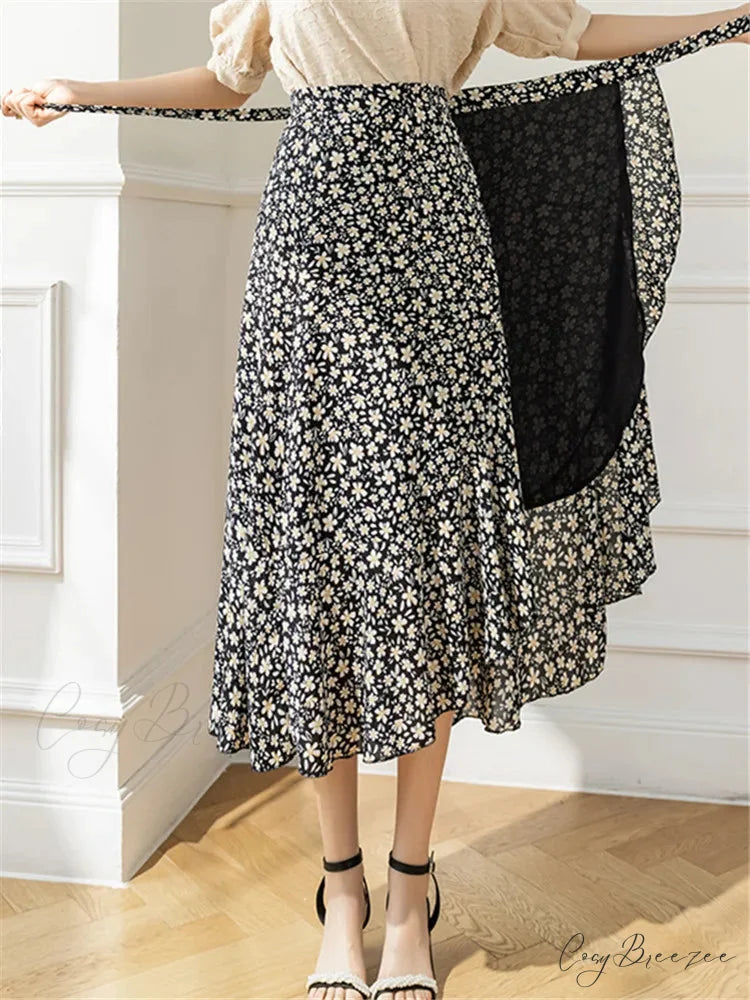 Flower Print A-Line Bohemia Retro Skirt Summer Spring Black apricot flower / One Size skirt-250126