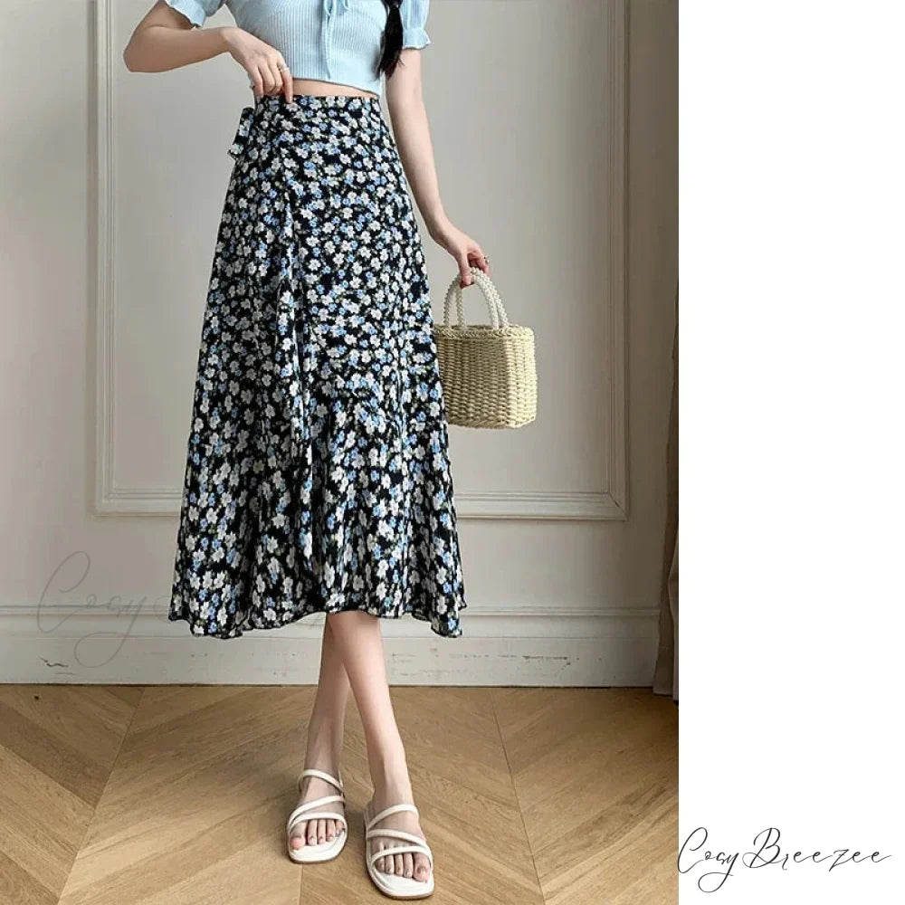 Flower Print A-Line Bohemia Retro Skirt Summer Spring black-baihe / One Size skirt-250126