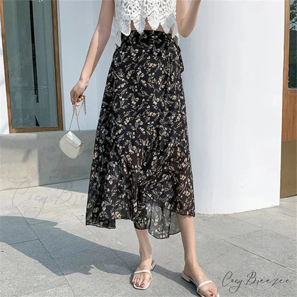 Flower Print A-Line Bohemia Retro Skirt Summer Spring black-shuixian / One Size skirt-250126