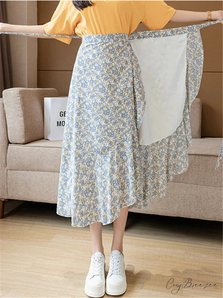 Flower Print A-Line Bohemia Retro Skirt Summer Spring blue floral / One Size skirt-250126