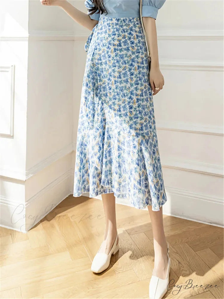 Flower Print A-Line Bohemia Retro Skirt Summer Spring Butterfly Blue / One Size skirt-250126
