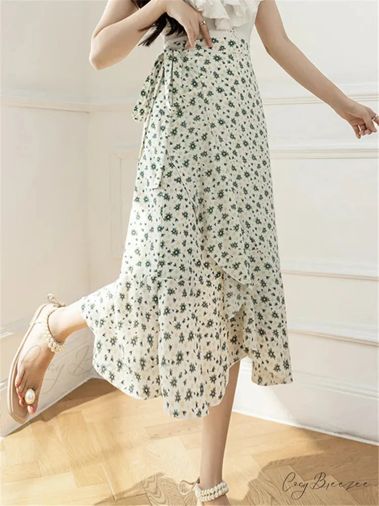 Flower Print A-Line Bohemia Retro Skirt Summer Spring Campanulaceae Green / One Size skirt-250126