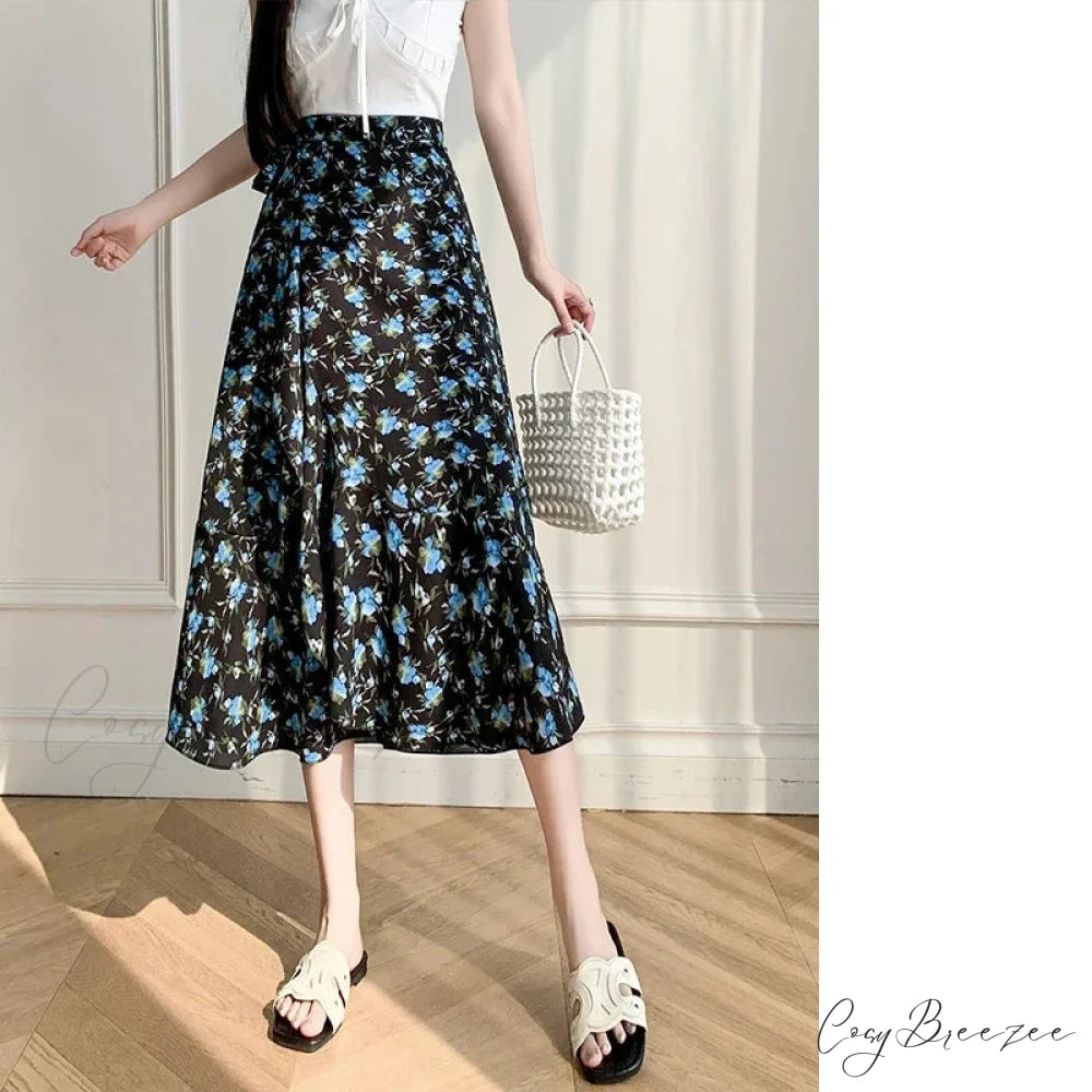 Flower Print A-Line Bohemia Retro Skirt Summer Spring doukou-blue / One Size skirt-250126