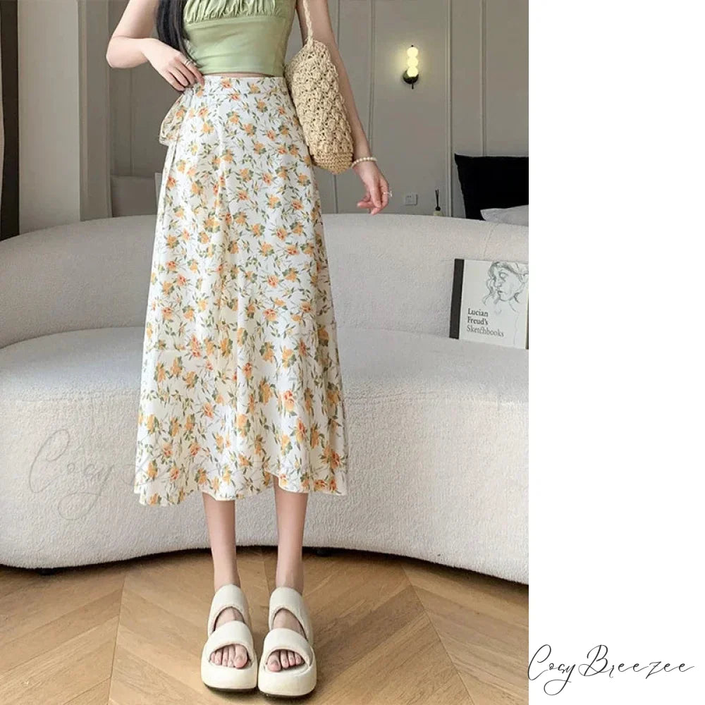 Flower Print A-Line Bohemia Retro Skirt Summer Spring doukou-yellow / One Size skirt-250126