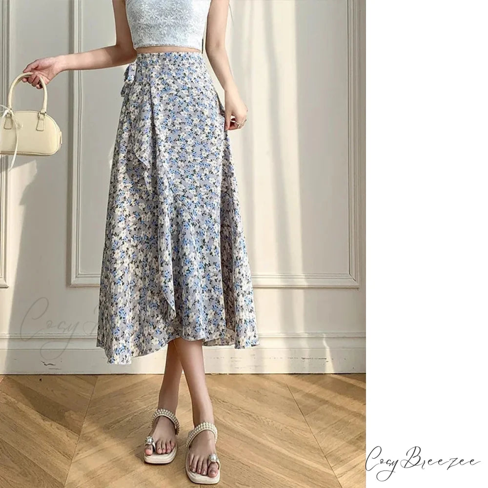Flower Print A-Line Bohemia Retro Skirt Summer Spring grey-baihe / One Size skirt-250126