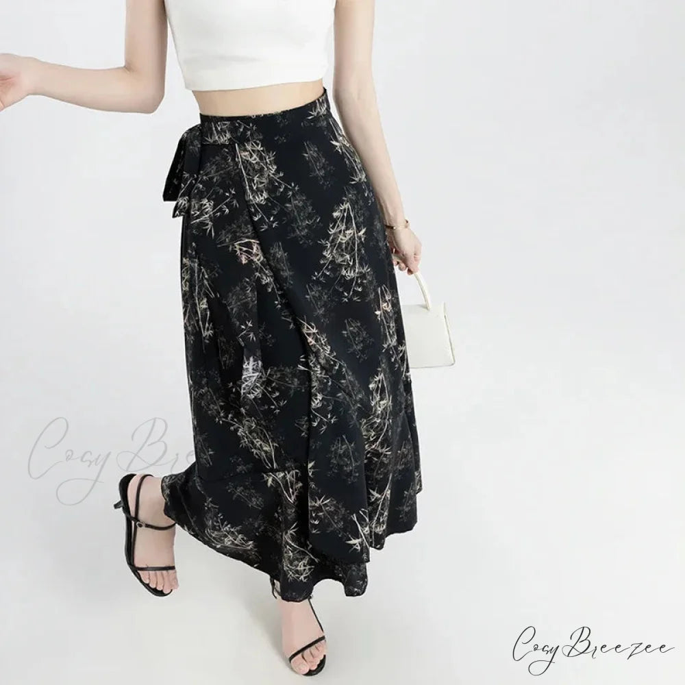 Flower Print A-Line Bohemia Retro Skirt Summer Spring leaf-black / One Size skirt-250126