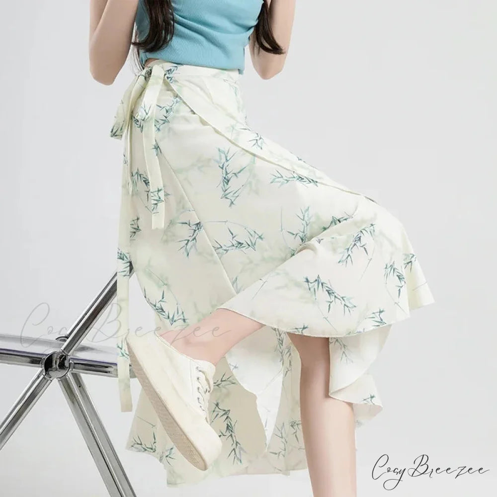 Flower Print A-Line Bohemia Retro Skirt Summer Spring leaf-white / One Size skirt-250126
