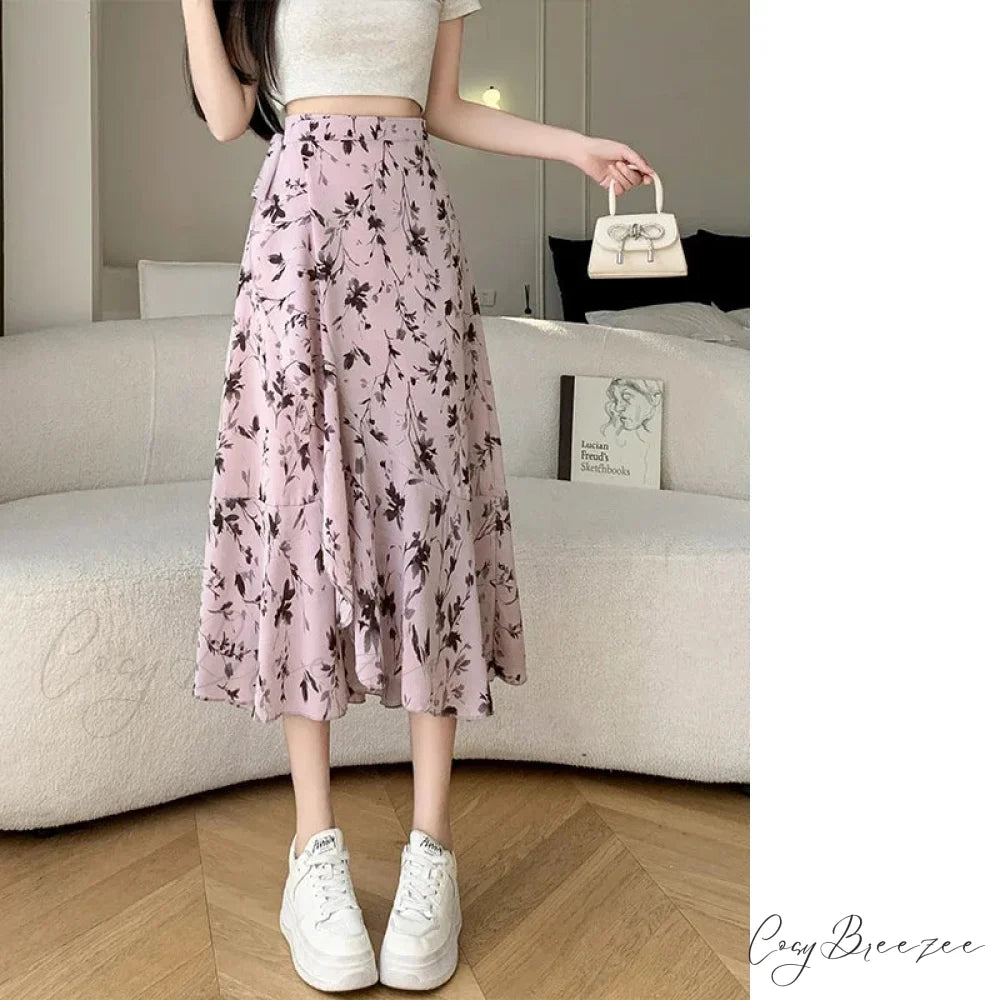 Flower Print A-Line Bohemia Retro Skirt Summer Spring pink-danqin / One Size skirt-250126