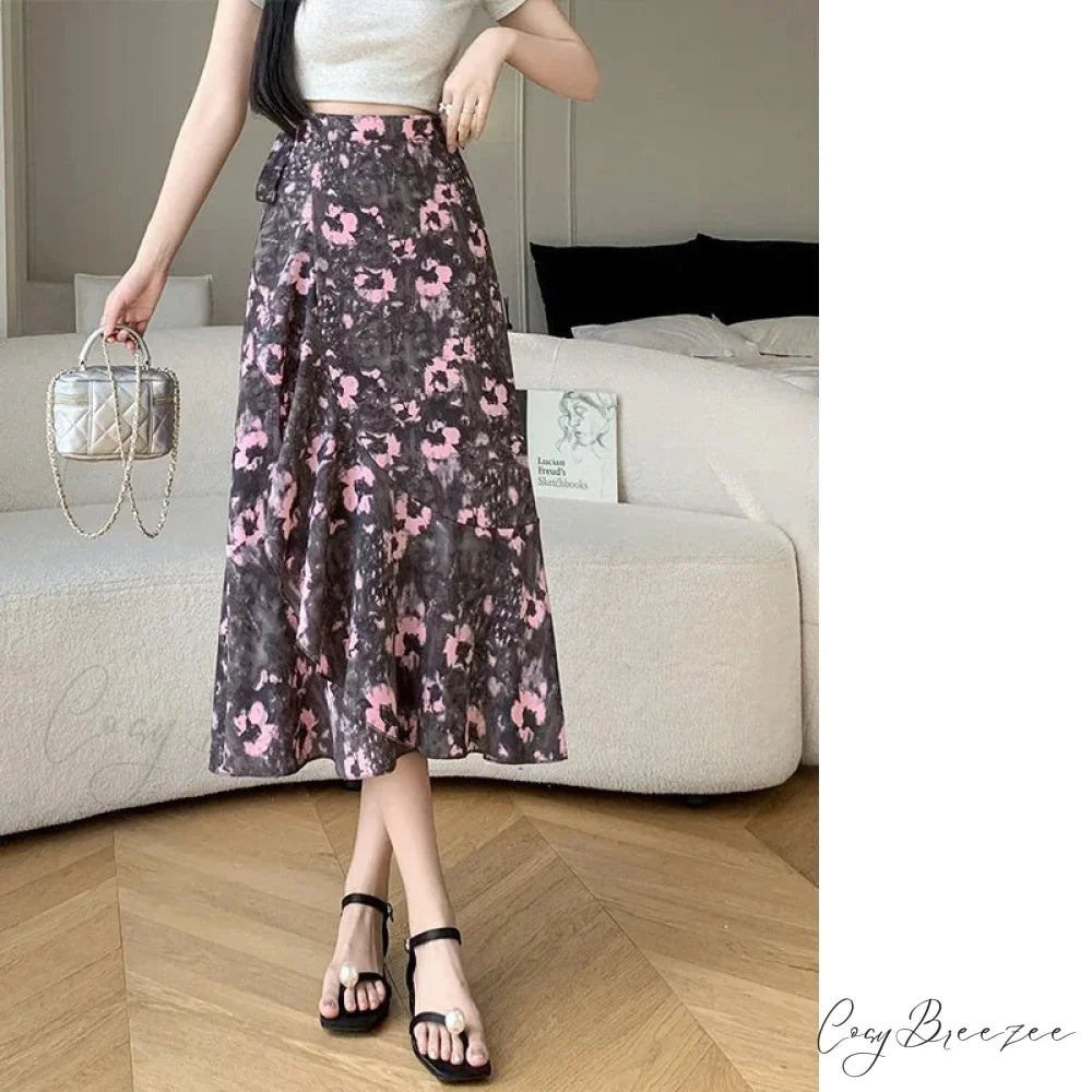 Flower Print A-Line Bohemia Retro Skirt Summer Spring pink-haitang / One Size skirt-250126