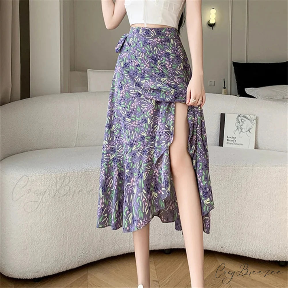 Flower Print A-Line Bohemia Retro Skirt Summer Spring purple-fanhua / One Size skirt-250126