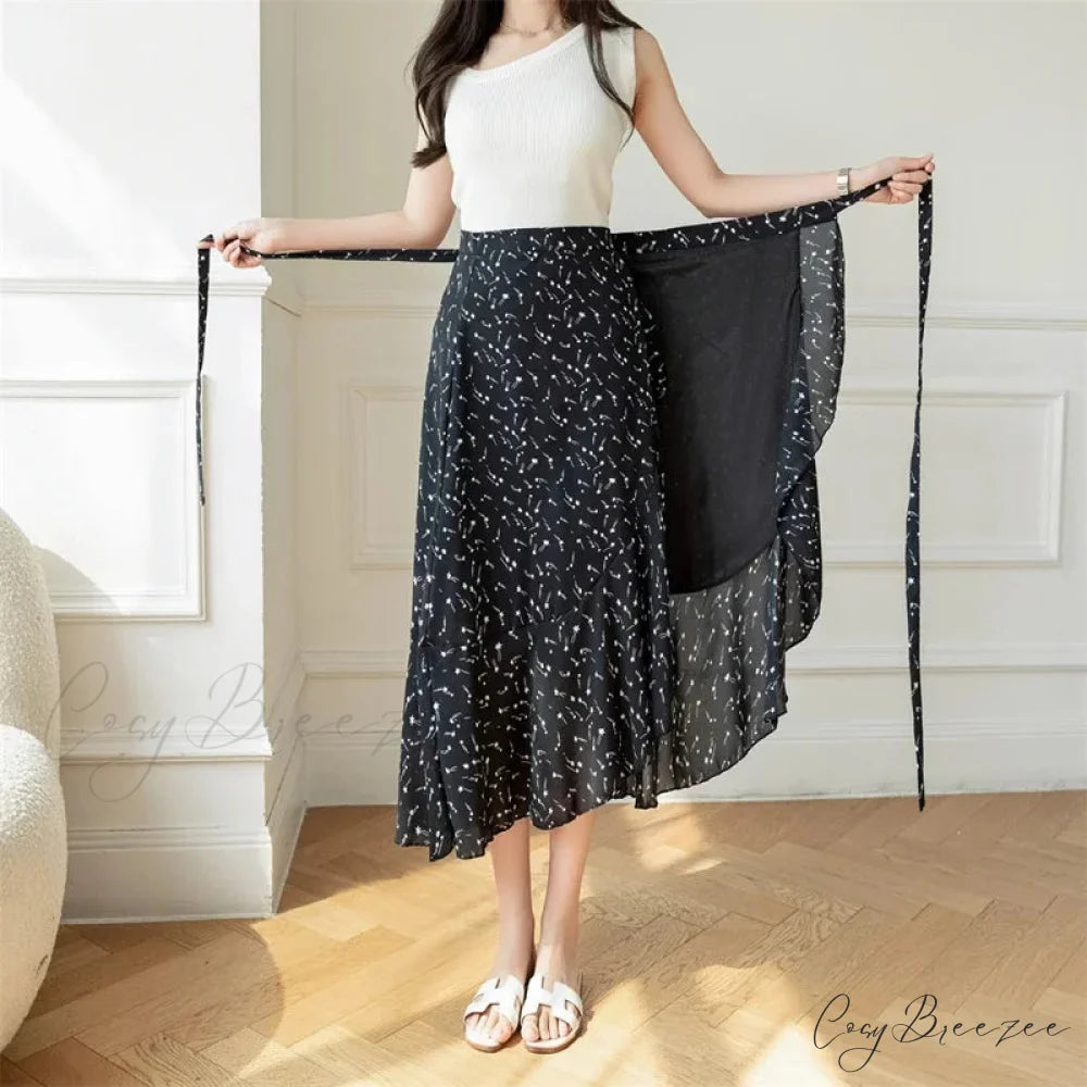 Flower Print A-Line Bohemia Retro Skirt Summer Spring star-black / One Size skirt-250126