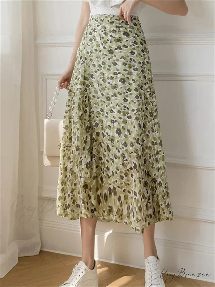 Flower Print A-Line Bohemia Retro Skirt Summer Spring Tea Green / One Size skirt-250126