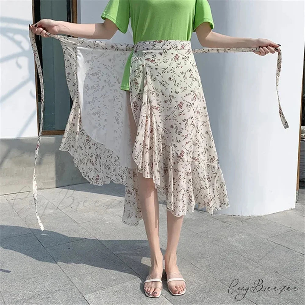 Flower Print A-Line Bohemia Retro Skirt Summer Spring white-shuixian / One Size skirt-250126