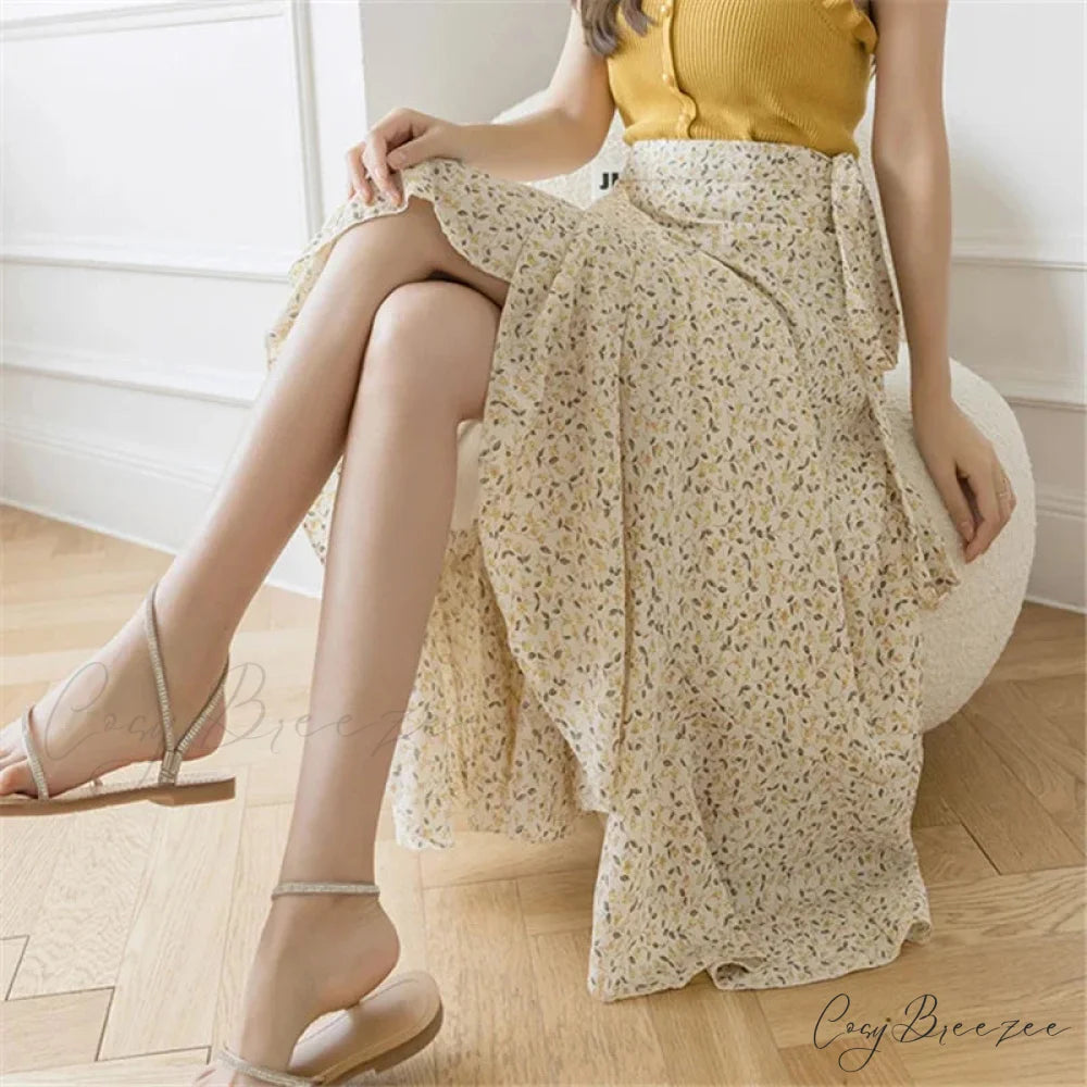 Flower Print A-Line Bohemia Retro Skirt Summer Spring yellow-moli / One Size skirt-250126