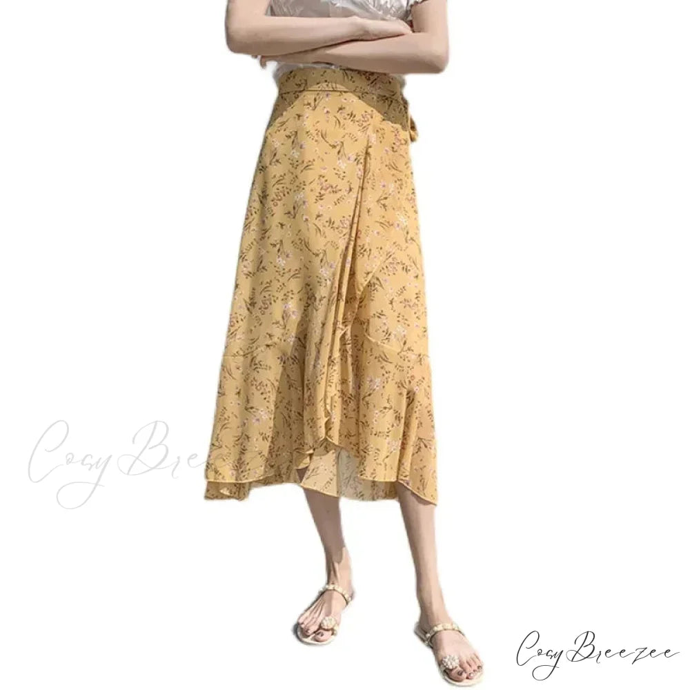 Flower Print A-Line Bohemia Retro Skirt Summer Spring yellow-shuixian / One Size skirt-250126