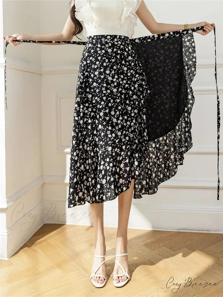 Flower Print A-Line Bohemia Retro Skirt Summer Spring Yuanshan Black Tea / One Size skirt-250126