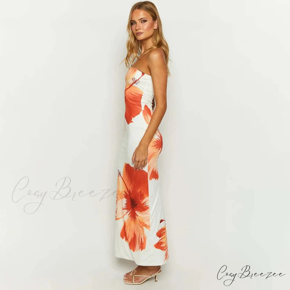 Flower Printed Off-Shoulder Slim Beach Long Dress floraldress-250126