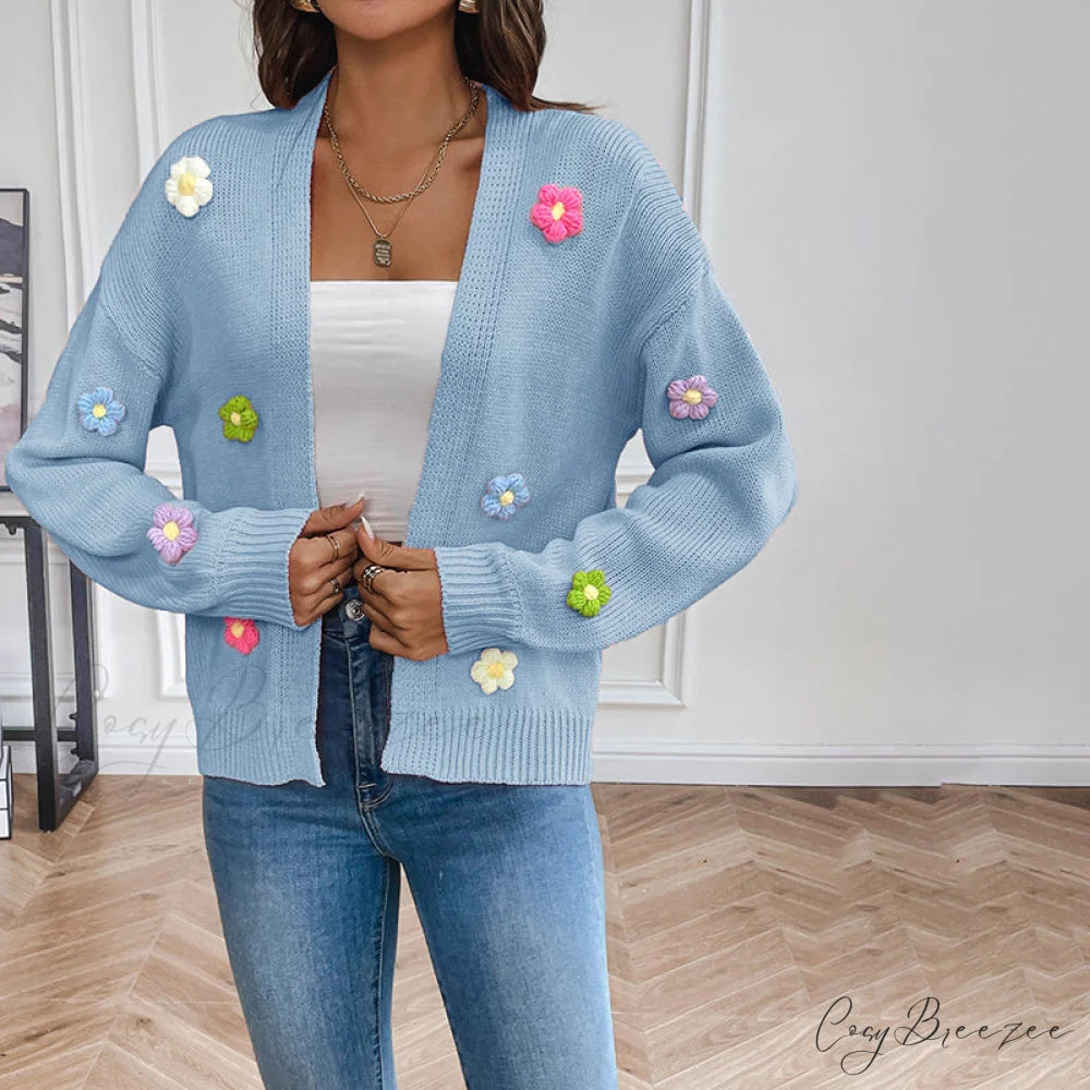 Flowered Knitted Cardigan Blue / S