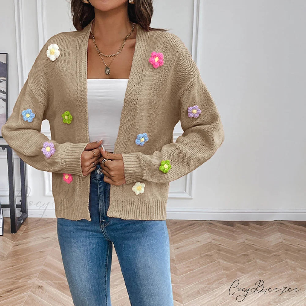 Flowered Knitted Cardigan Khaki / S