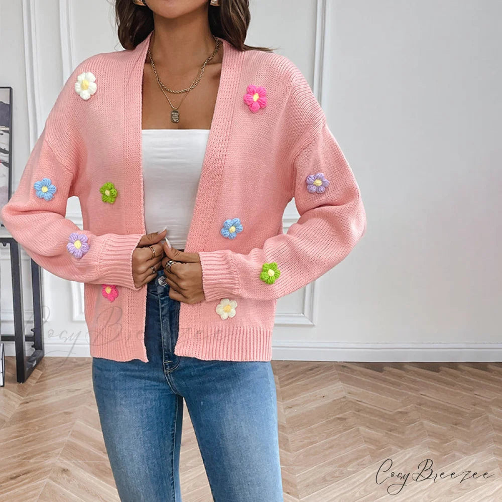 Flowered Knitted Cardigan Pink / S