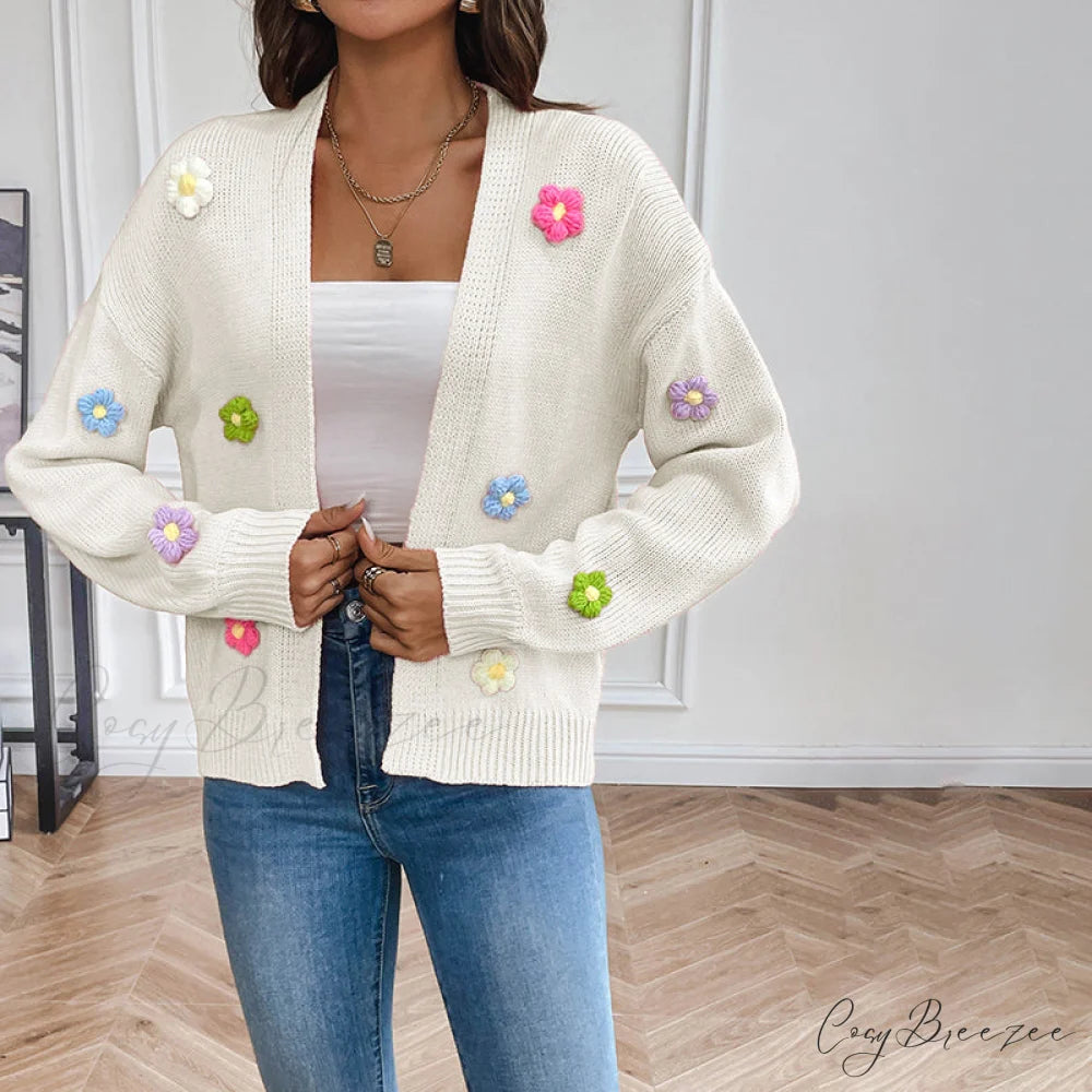 Flowered Knitted Cardigan White / S