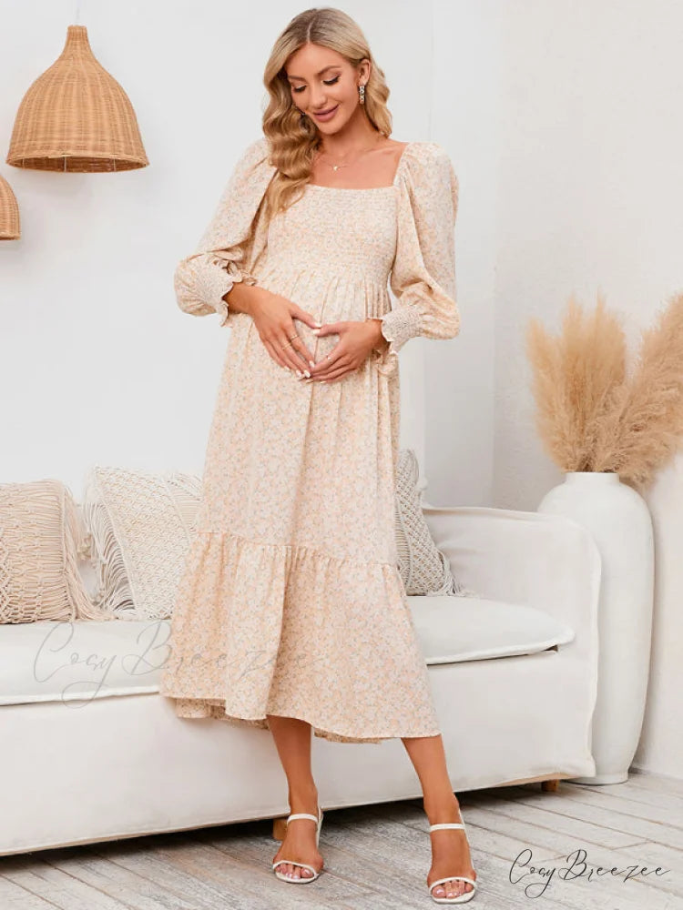 Flowered Maternity Small with Chiffon Gown Print khaki / S