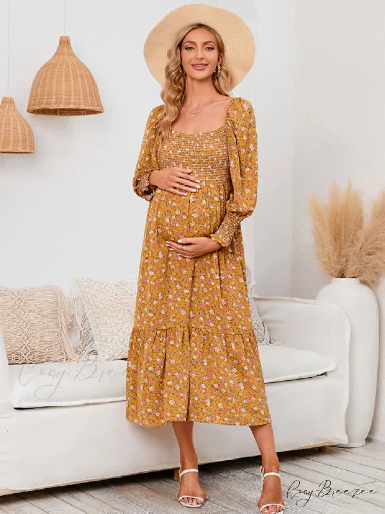 Flowered Maternity Small with Chiffon Gown Print Yellow / S
