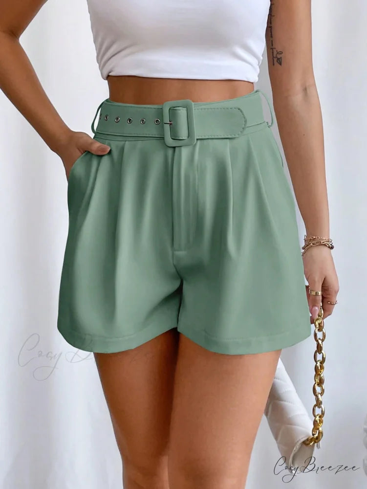 Fold Pleated Belted Wide Leg Shorts Mint Green / XS